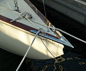 Bow of 6mR ACACIA after her restoration on Astilleros Lagos